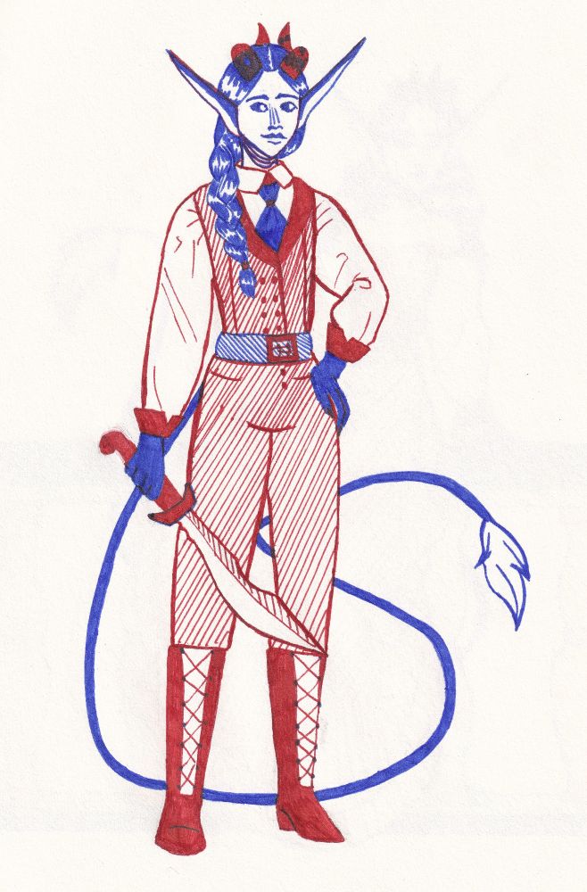 Cassandra Vasental stands with her hand on her hip and a scimitar in her other hand. She is drawn in 2 colors of pen, burgundy & violet. 