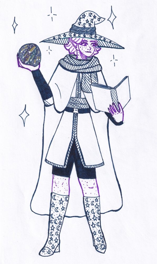 Kal Nightingale drawn in purple & dark blue ink. He is holding & looking at a book, while his other hand is holding an orb.
