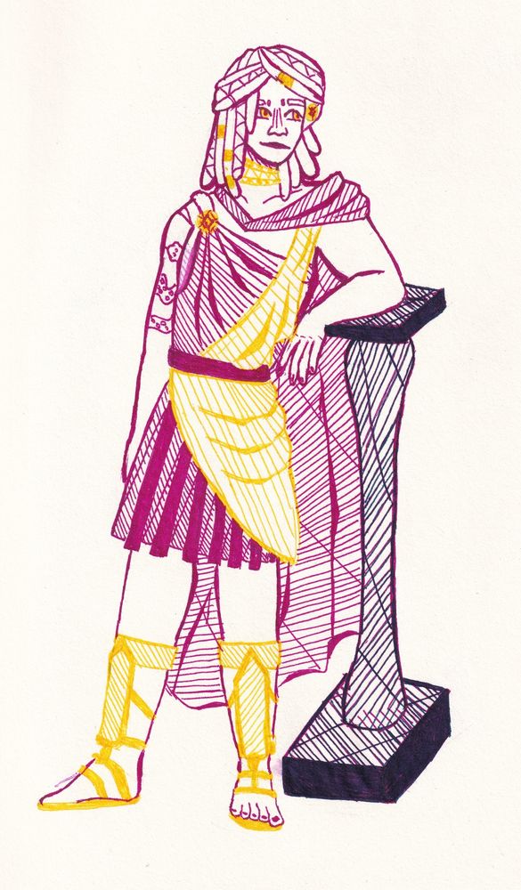 Art fight attack of Daniil (hawks-the-kraken's oc) drawn in yellow & magenta pen. He is leaning. 