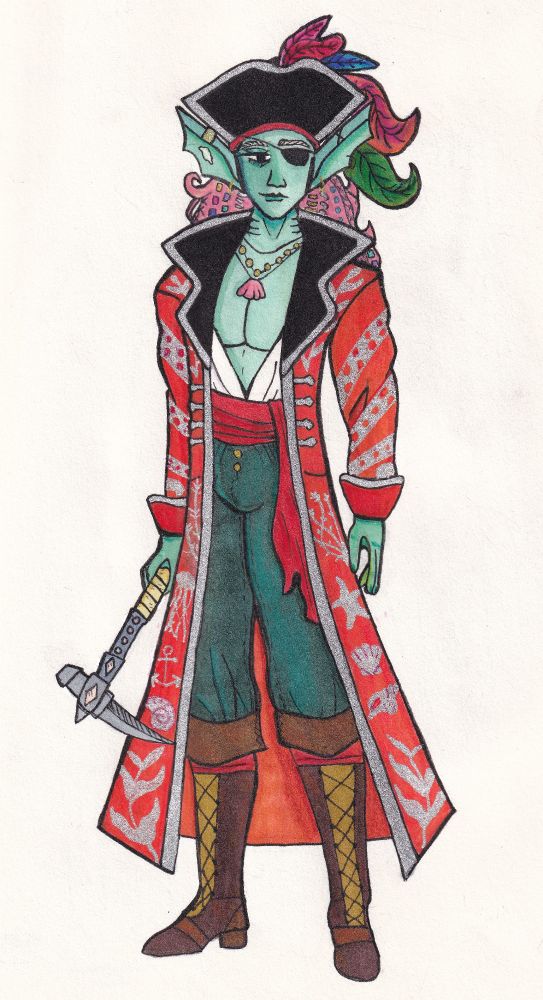 A pirate captain stands holding a warpick encrusted with a few pinkish jewels. He wears a long red coat with silver nodical embroidery throughout. 