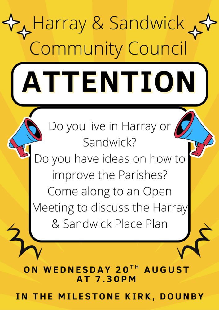 Poster advertising an event about Harray & Sandwick place plan.