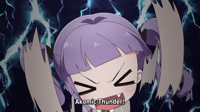 a girl with purple hair says " akomic thunder " in front of a lightning bolt