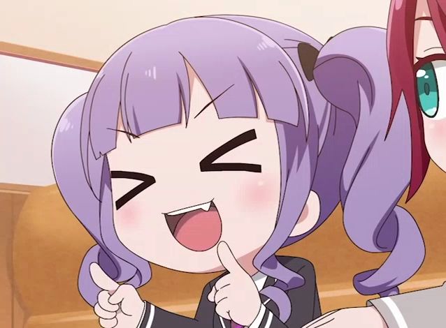 a cartoon girl with purple hair is smiling and giving a thumbs up