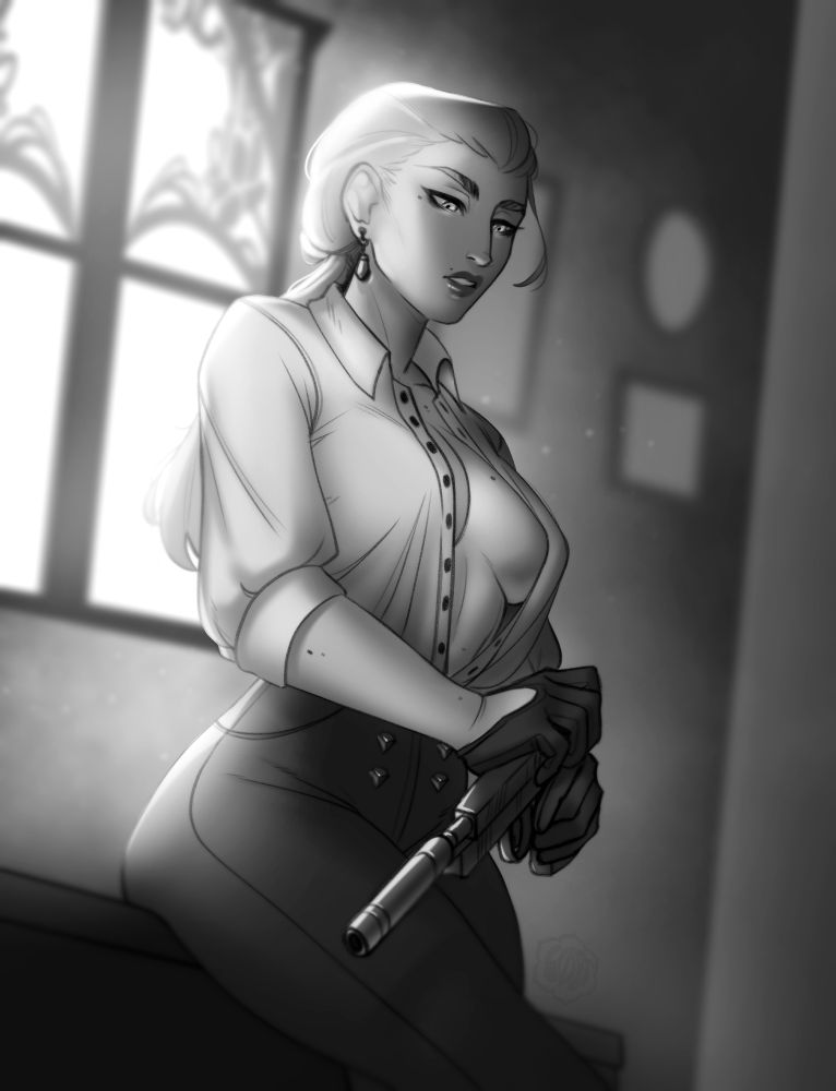 Luzdanaee's OC sitting on a desk with an open button-down shirt and cocking a silenced pistol