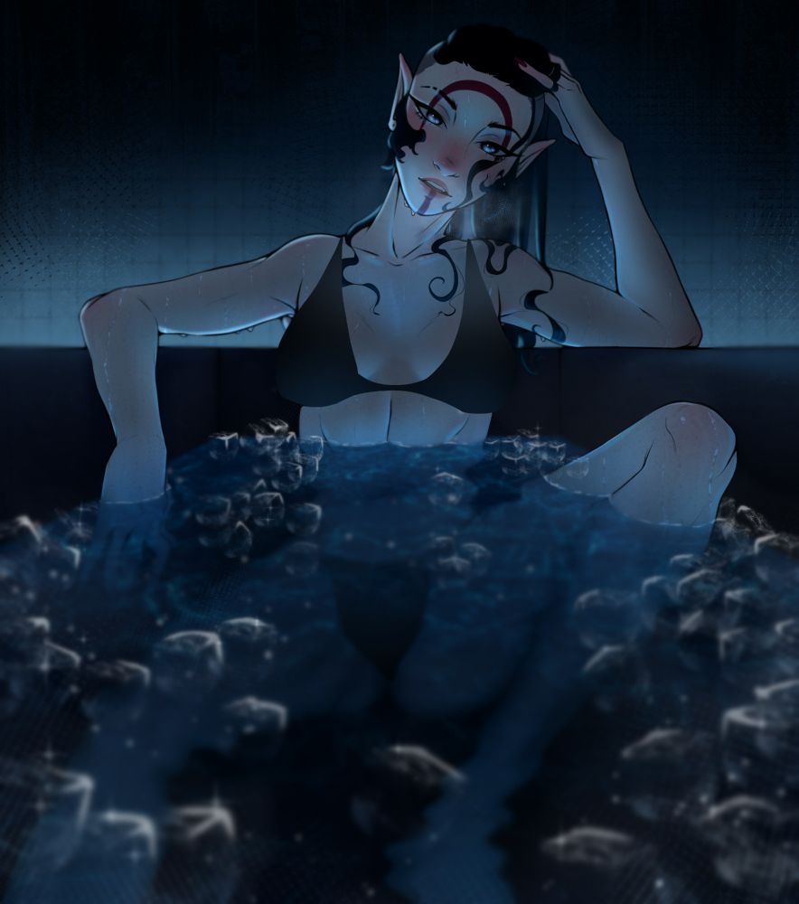 My OC Ygrette taking a "cold plunge" in a tub full of cold water and ice cubes. Digital art.