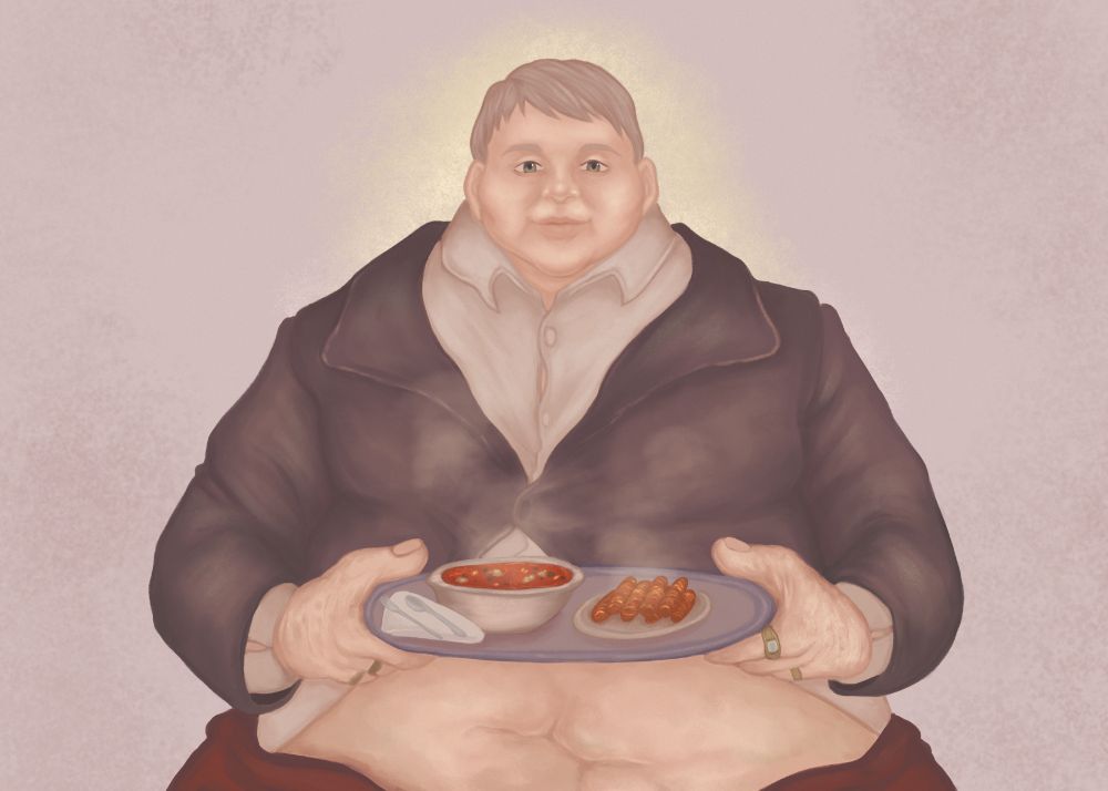 the duke holding a large serving tray, with a bowl of Ciorba de Porc and a plate of Sarmale de Peste