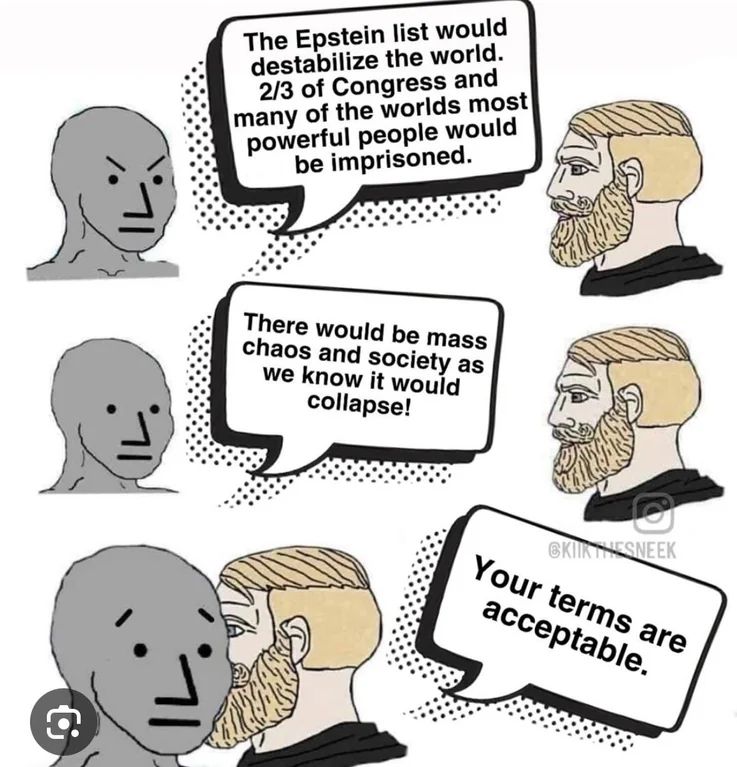 Cartoon guy on left says "The Epstein list would destabilize the world. Two thirds of Congress and many of the world's most powerful people would be imprisoned. There would be mass chaos and society as we know it would collapse."

Second cartoon man says, "Your terms are acceptable."  