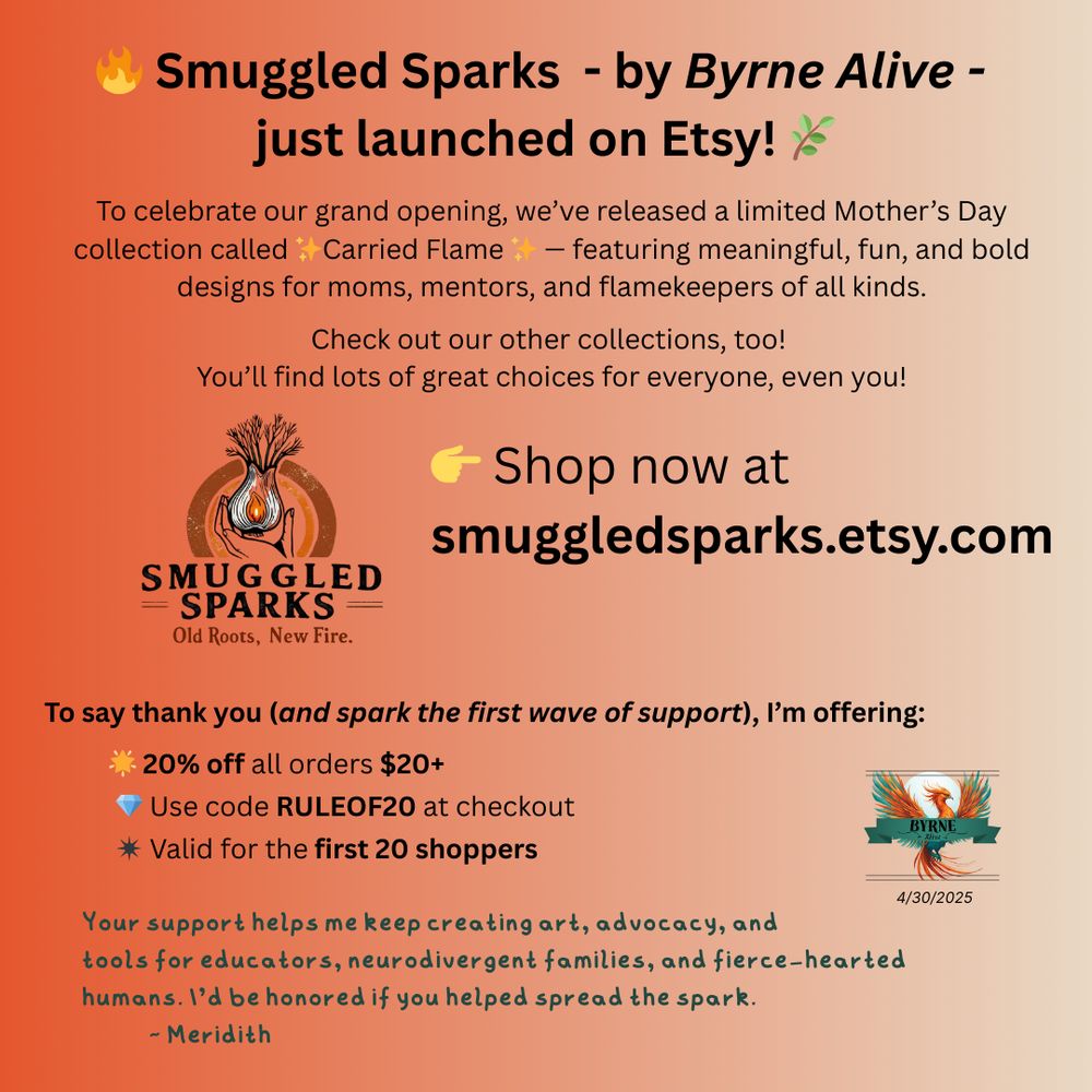 Promotional graphic for Smuggled Sparks’ Etsy launch featuring a limited Mother’s Day collection. Includes a 20% off code (RULEOF20) for the first 20 shoppers and the shop URL: smuggledsparks.etsy.com.