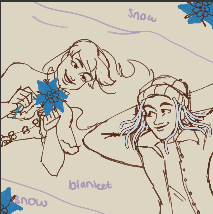 Sketch of Celine and my Fields of Mistria farmer laying on the ground and smiling. Celine is holding a flower
