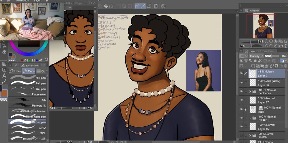 screenshot of an unfinished but colored drawing of a woman smiling. there’s some references to the side and shot of the video i was watching. 