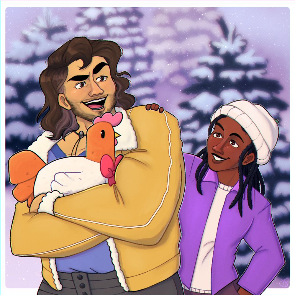 Digital drawing of Hayden holding Henrietta, smiling and standing with my Fields of Mistria farmer. There is a snowy scene behind them. 