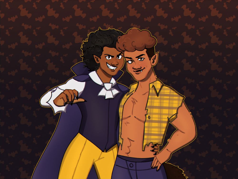 silver as a vampire and jonas as a werewolf, 2025. they are both smiling and looking at the viewer. 