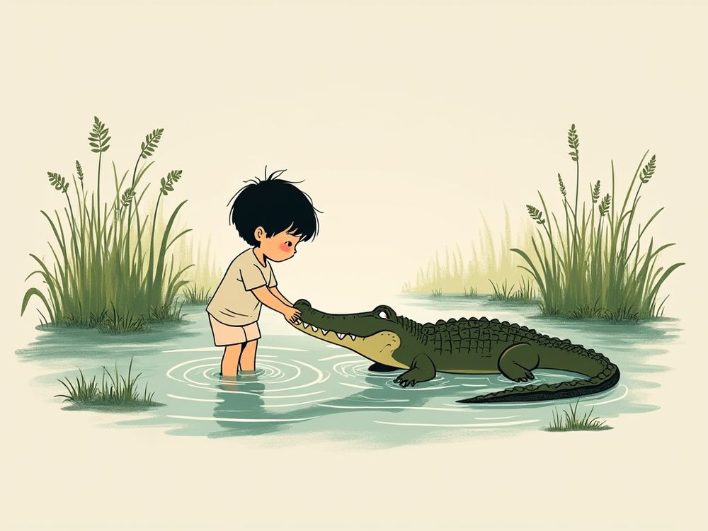 Adorable hand-drawn illustration of a child with short black hair, wearing a light outfit, playfully interacting with a friendly Crocodile in a shallow swamp, surrounded by tall grasses and calm water with gentle ripples, whimsical style, soft pastel colors, sketchy outlines, playful and heartwarming mood'
