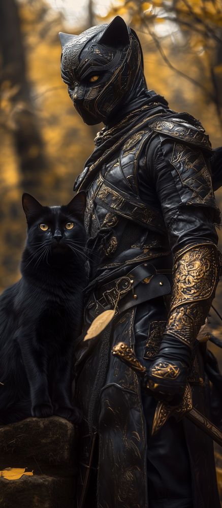  A black panther warrior, clad in full body armor, stands in the forest, wielding weapons and accompanied by their pet black cat. The photograph captures the scene from head to toe, showcasing the detailed facial features of both the warrior and the feline. It is a high-quality photograph that captures the intricate textures of their and fur. 