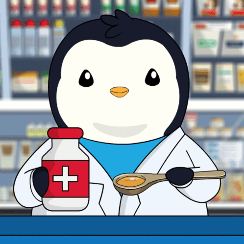 a penguin is holding a bottle of medicine and a spoon of honey