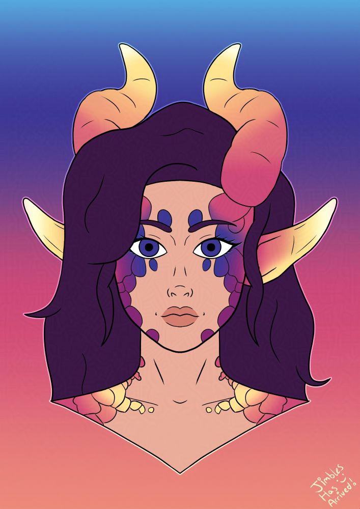 Portrait of a pale skined femme presenting character with blue eyes, and long purple hair. She has scales, ears, and horns that are a spectrum of blue, pink, orange and bright yellow.