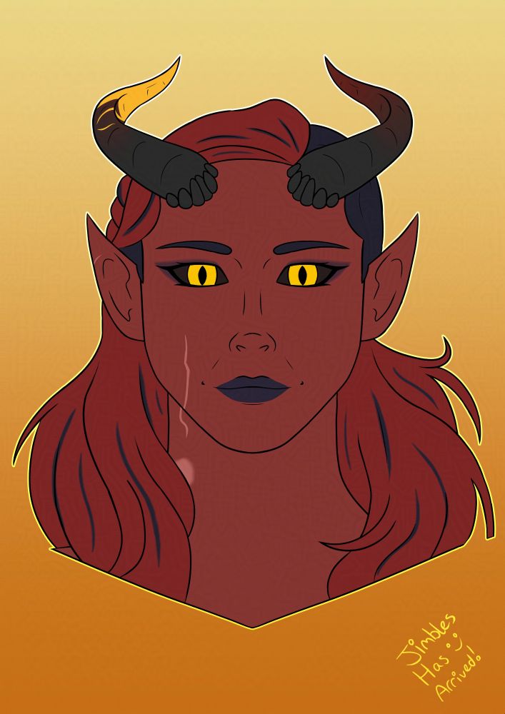 Portrait of a red skinned tiefling with two black-red horns, the characters right horn has been broken and mended with gold. They have yellow eyes with black sclera and long red hair with black highlights.
