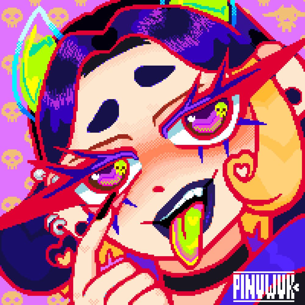 Pixel art portrait by Pinuwuk of Jasmineitor's stream persona. The featured character is making a taunting face at the viewer by pulling down their lower eyelid and sticking out their tongue. The piece itself is very vibrant and full of "secret" hearts in the design.
