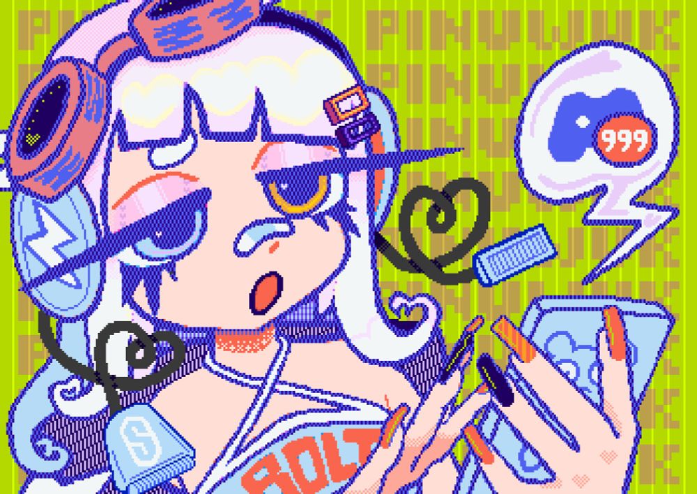 Pixel illustration created by Pinuwuk of Patofry's original character "Diode". The image features a girl with many electric/tech motifs, with a color palette of mostly blues, greens, and oranges. In the image, she is interacting with her phone. Her phone says she has 999 notifications from Discord, but she does not seem alarmed in the slightest.