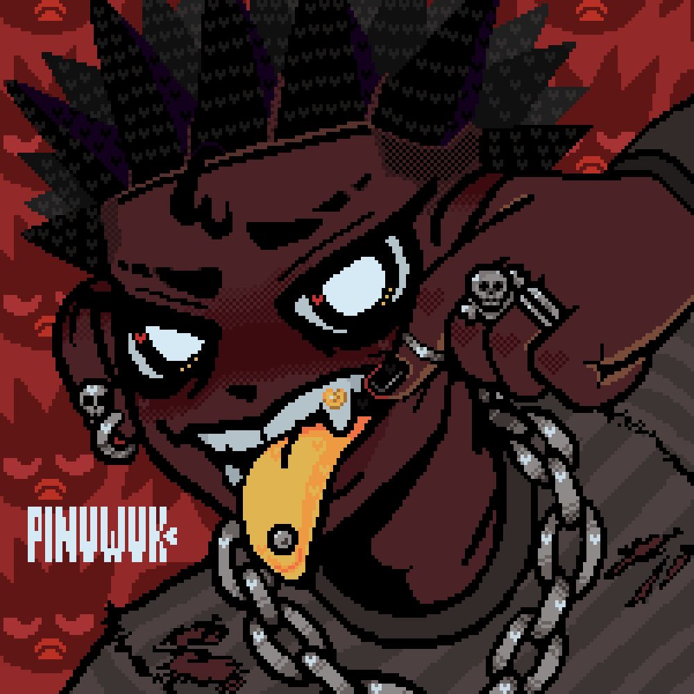 Pixel art portrait by Pinuwuk. This is Pinuwuk's interpretation of what the human version of the Sanrio character "Badtz-Maru" would look like. This portrait features a man with spiky hair sticking out his tongue as if he's teasing the viewer. The man is wearing a lot of silver jewelry. Badtz-Maru is a penguin, specifically the one patterned in the background of the illustration.
