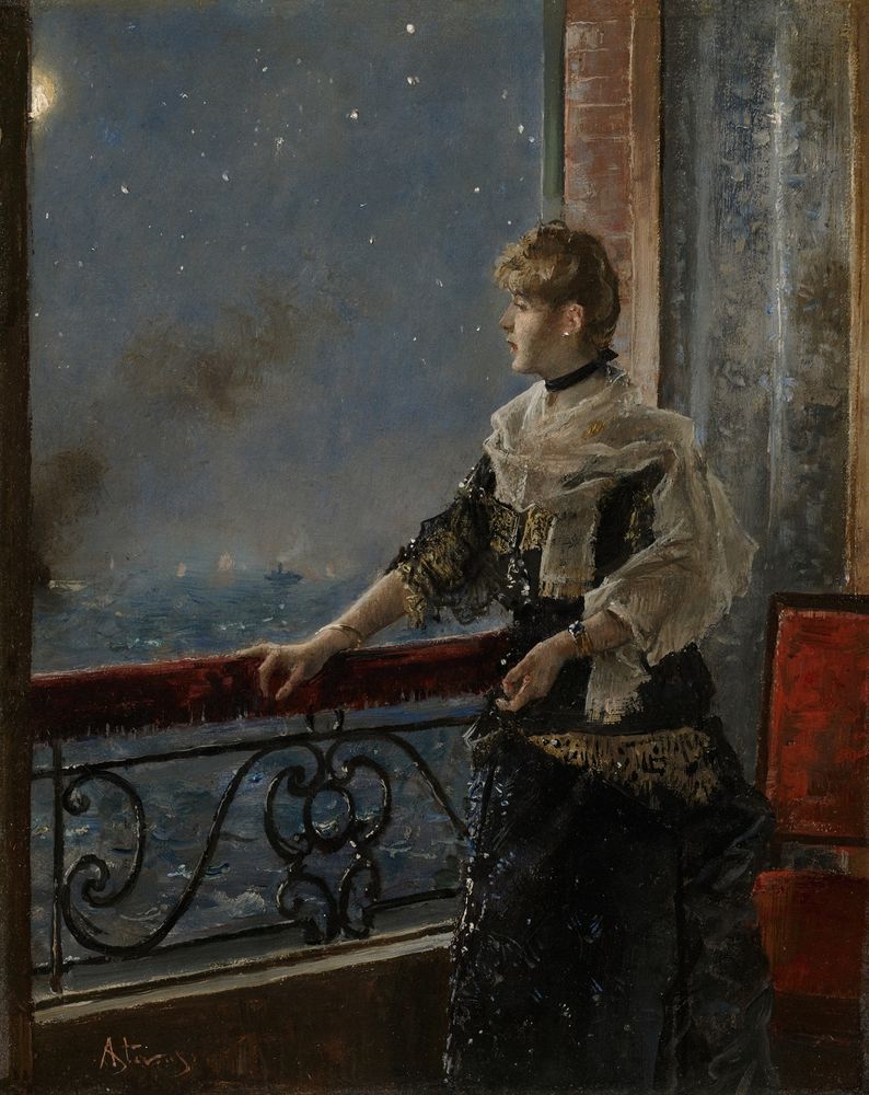 Painting by Belgian artist Alfred Stevens. An elegant young woman in evening dress stands at the balcony of an open window, looking out at the night sky. Below the balcony is choppy water. Above, the sky is dotted with bright  stars. The moon can just be glimpsed at the edge of the window. Late 19th century. 