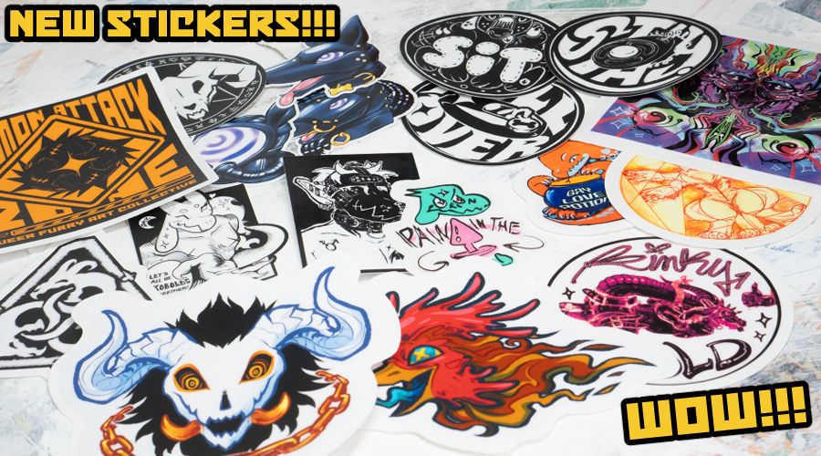 A pile of stickers from Demon Attack Zone. A variety of designs including petplay hoods, drone, demon heads, warning signs, kobolds, and more.