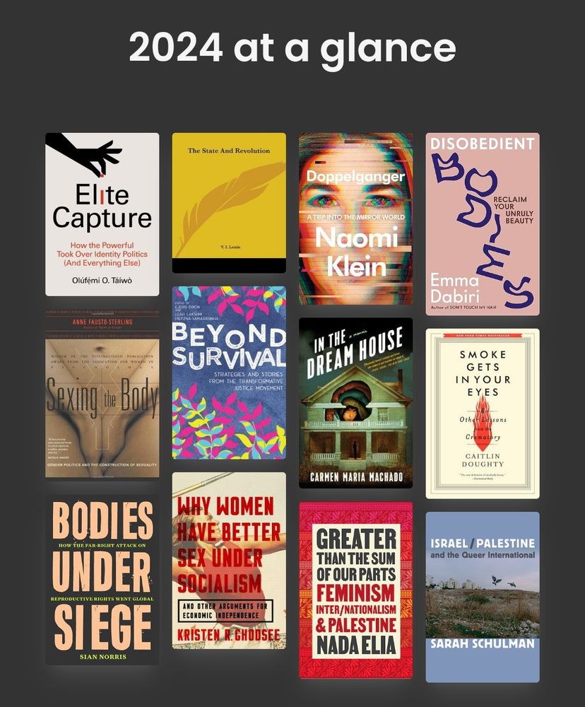 Collage of books with the title 2024 at a glance. Going from left to right: Elite Capture, The State and Revolution, Doppelganger, Disobedient Bodies, Sexing The Body, Beyond Survival, In The Dream House, Smoke Get In Your Eyes, Bodies Under Siege, Why Women Have Better Sex Under Socialism, Greater Than The Sum of Our Parts, Israel/Palestine and the Queer International