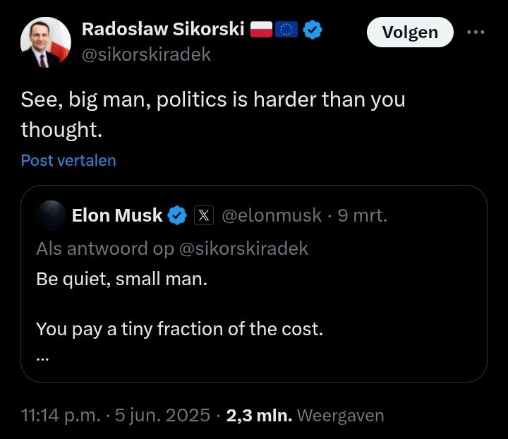 “See, big man, politics is harder than you thought” 

#Radosław #Sikorski
#Elon #Musk