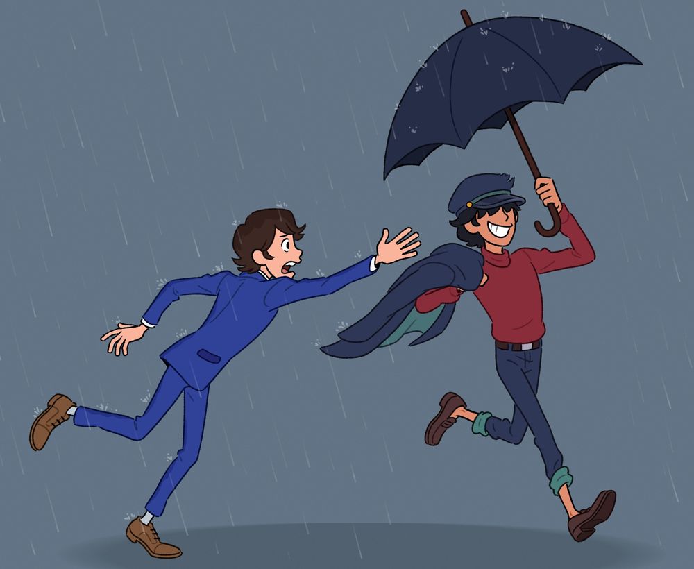 Instead of stopping and standing under the umbrella, Jigen has grabbed it from Lupin and is running away with it with a big grin on his face, leaving Lupin in the rain instead.