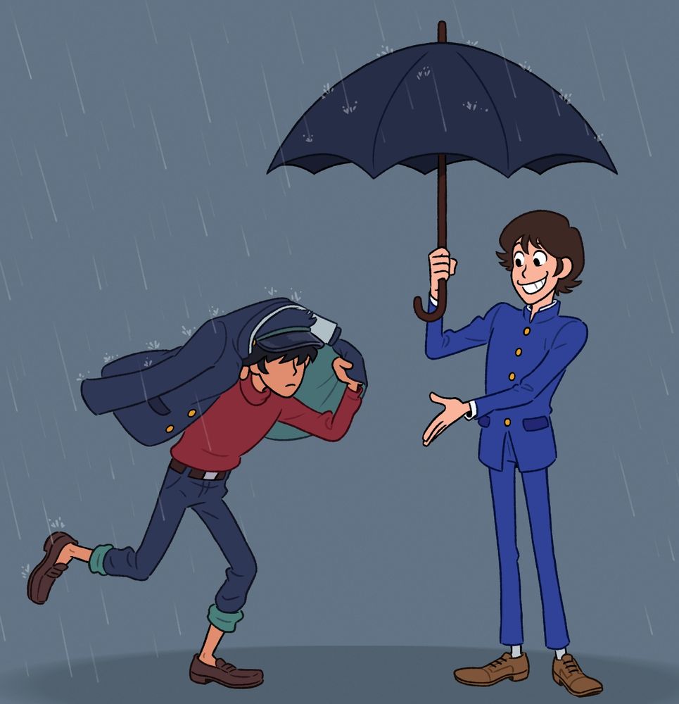 A drawing of Lupin and Jigen from Lupin Zero. It's raining. Lupin is holding an umbrella and offering Jigen to stand under it with him. Jigen is running towards Lupin with his jacket over his head to protect himself from the rain.