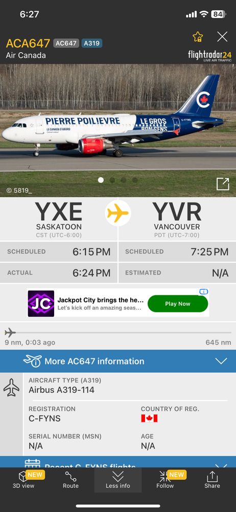 Flight tracker image showing ACA647 emblazoned with PP campaign logo