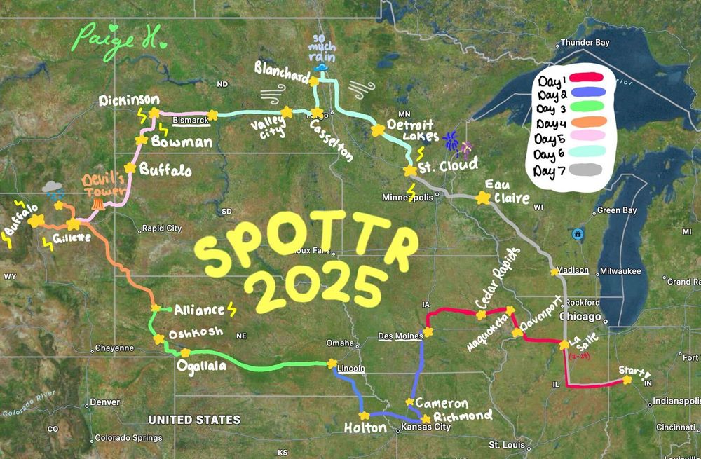 A topographic map annotating all the places SPOTTR traveled over the 7 days of the trip, circling westward from Indiana to Wyoming and back again.