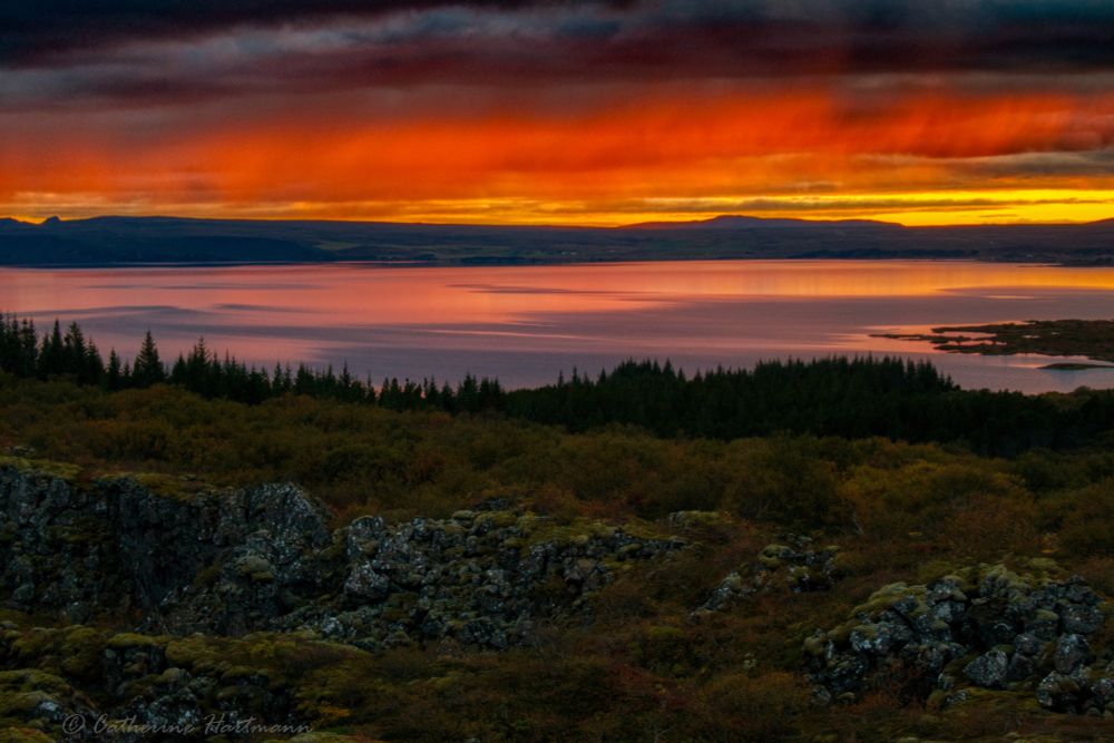 The image depicts a sunset over a serene lake in Iceland. The sky is ablaze with fiery orange and red hues, reminiscent of a raging inferno, yet peaceful in its vastness.  These intense colours are reflected on the still waters of the lake, creating a mirror-like effect.  The foreground features a rocky landscape, covered in moss and low vegetation, offering a stark contrast to the fiery sky and calm water.  The dark silhouette of a coniferous forest provides a grounding element. The overall effect is one of both intense energy and tranquil beauty, capturing the dramatic and awe-inspiring power of nature.  