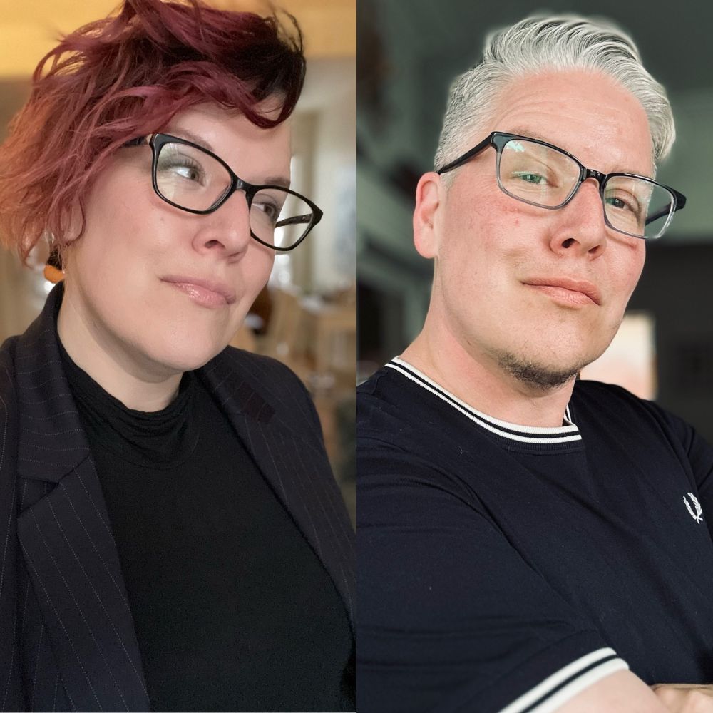 A side by side of Rowan before and after medical transition. Rowan has short pink wavy hair before and silver shorter hair now 