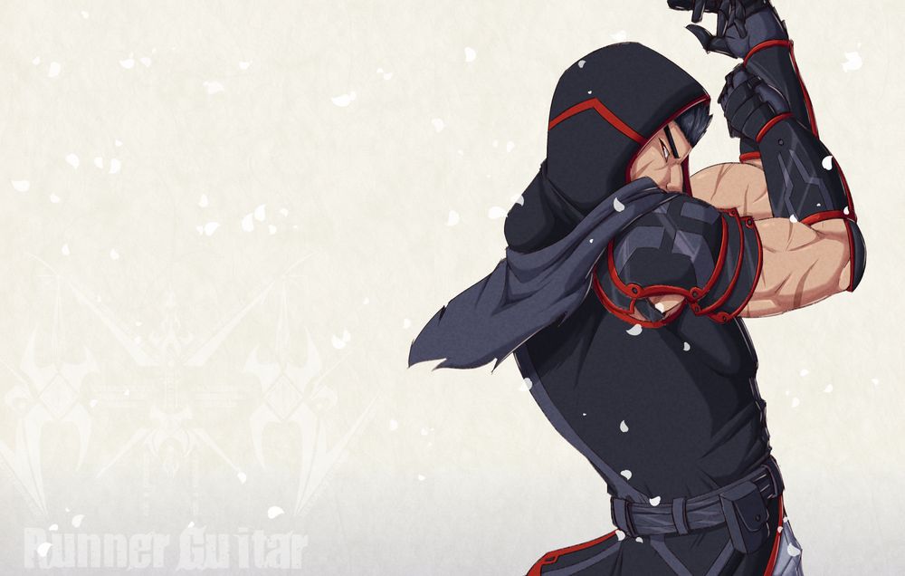 An Illustration featuring Etil C. Bel from "Symphony of Broken Souls: Overture". A young caucassian man covered in scars, wearing a dark outfit with armor. He adjusts his gauntlets as he glares at the camera.