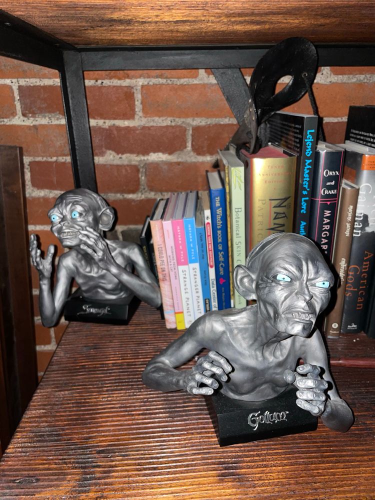 A picture of a Gollum-Sméagol set of book ends. The books behind include a few Stranger Planet booklets, Witch’s Book of Self Care, Name of the Wind, and Oryx and Crake.