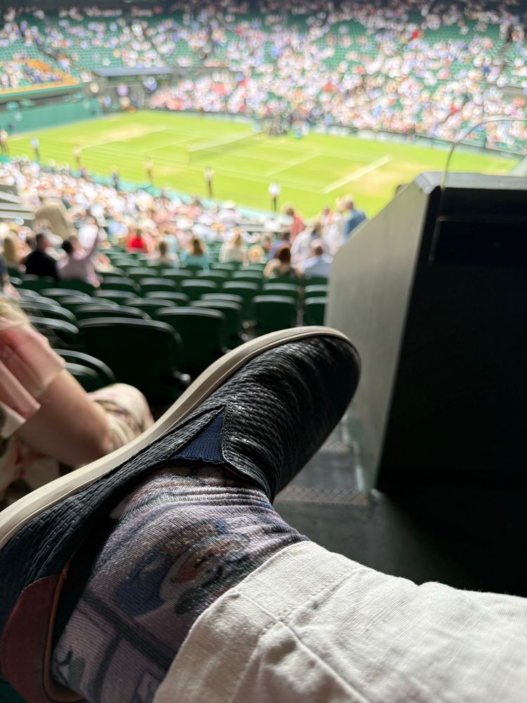 Background: The grass courts of Wimbledon. The stands are starting to fill.
Foreground: A blue shoe with a geometric texture, and in it a foot wearing a sock with the greatest Scottish billionaire duck, Flintheart Glomgold. Old Flinty (as he’s sometimes known) is a stocky white duck, and obviously the most Scottish. He’s from the reboot of Ducktales.