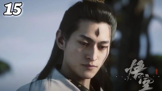 Erlang Shen from Black Myth Wukong. A pale Asian man with long black hair, glancing down as if in thought. His third eye in the center of his forehead doesn’t not look like a vagina.