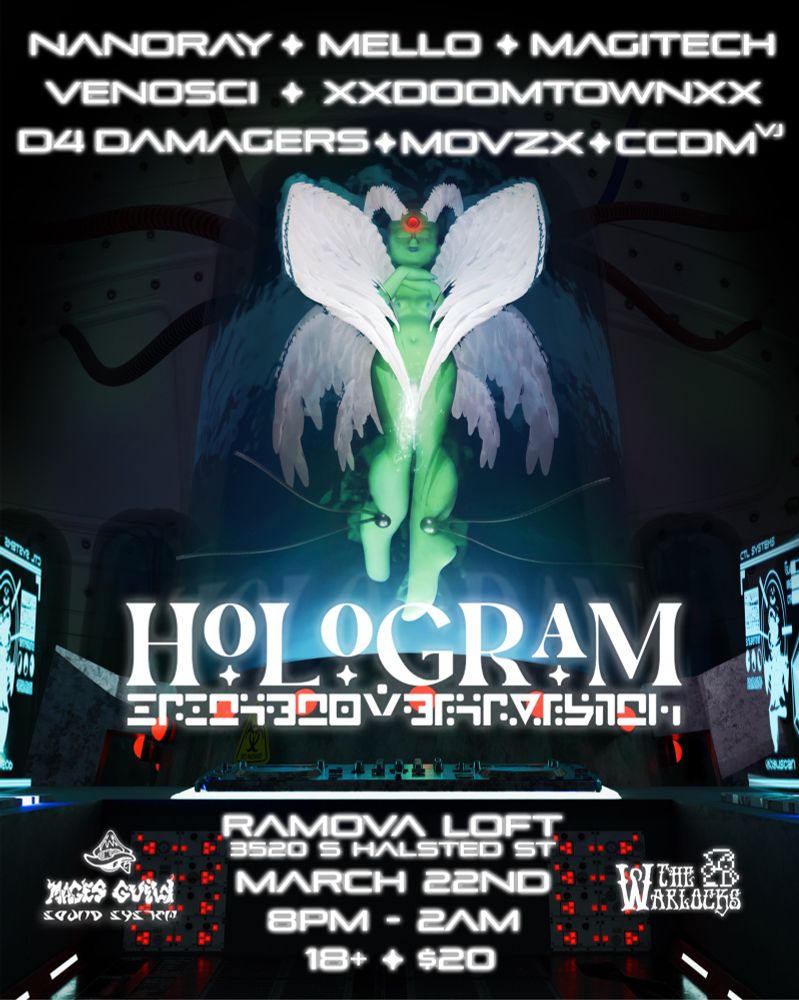 An exquisitely rendered Angel floats in a test tube. The show information is shown around. Hologram 3/22 at the Ramova theatre in Chicago. 