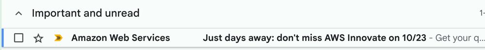 GMail Inbox email from Amazon Web Services, subject line "Just days away: don't miss AWS Innovate on 10/23"