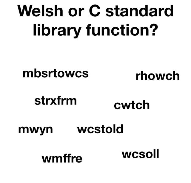 Welsh or C standard library function?
- mbsrtowcs
- rhowch
- strxfrm
- cwtch
- mwyn
- wcstold
- wmffre
- wcsoll
