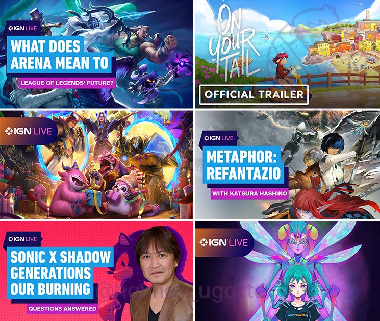 A group of six thumbnails made for the  IGN Live event happening every summer. The feature many game announcements or interviews from different games.