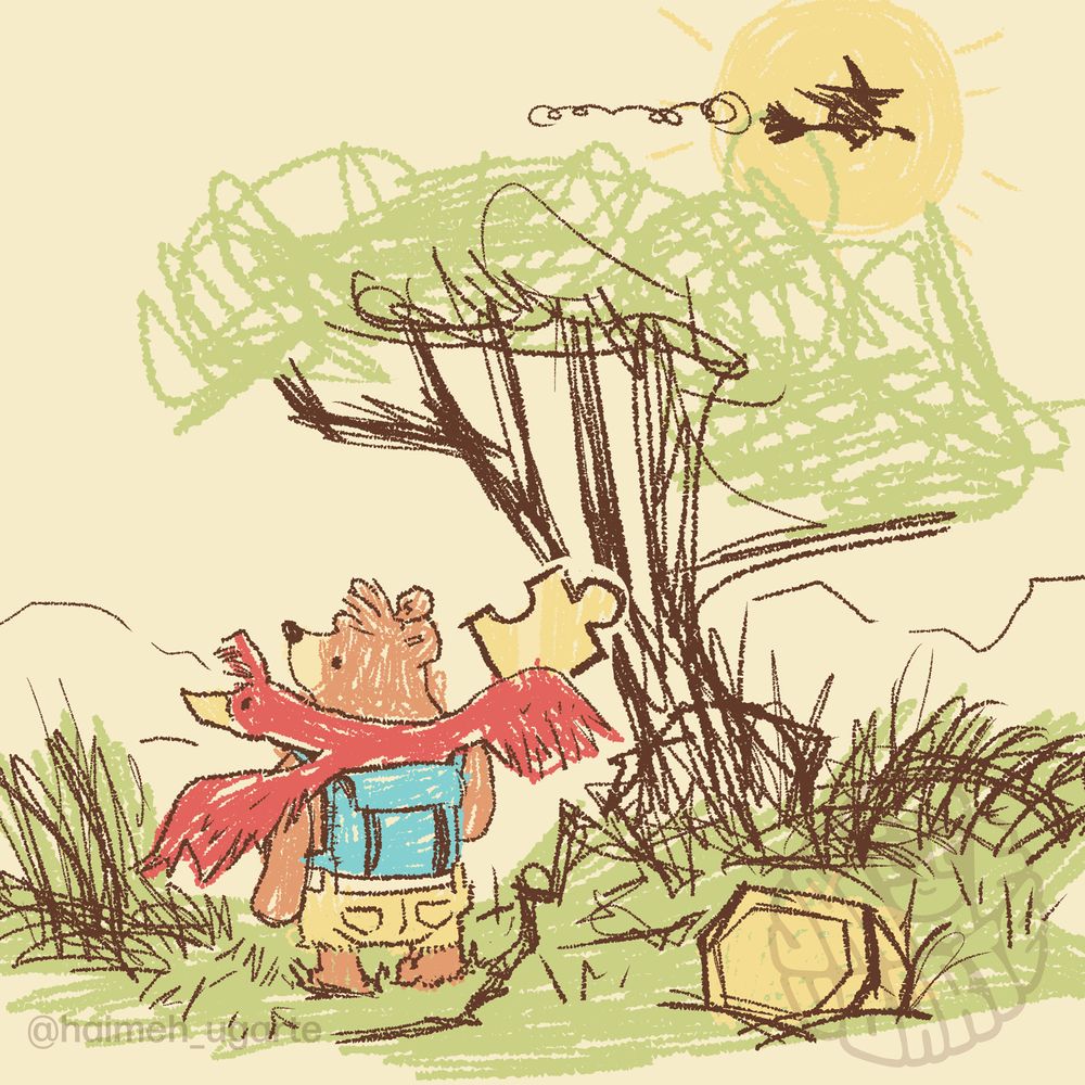 a whimsical drawing mimicking Winnie the Pooh's original book illustrations. Banjo & Kazooie facing backwards holding a puzzle piece surrounded by grass, while Gruntilda's silhouette flies over them. 