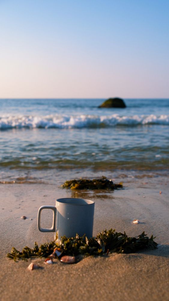 The photo shows a gray coffee mug sitting in the sand by the ocean's edge on #capecod. In the foreground and background are clumps of seaweed, the waves and a large rock out in the ocean. 