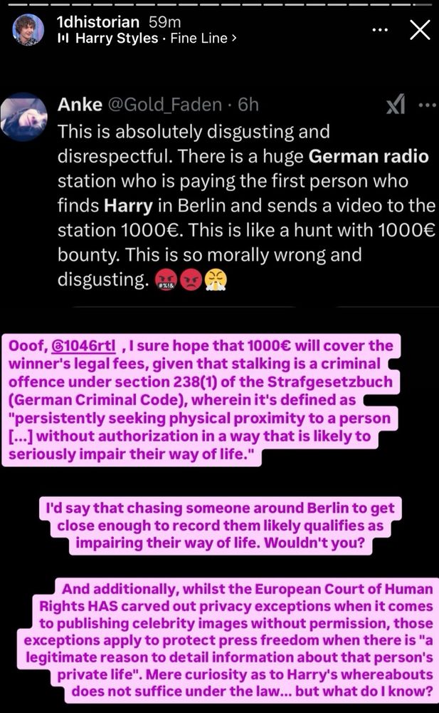 X Post and Instagram story about a bounty offered to find Harry Styles in Berlin