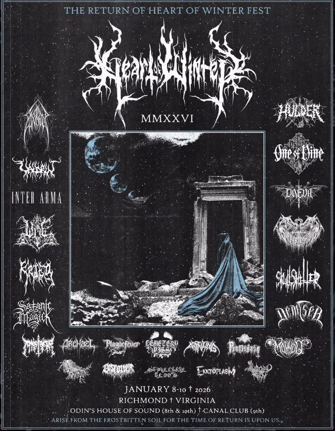 Cloaked figure entering corridor and many unreadable band logos. Heart of Winter Fest 2026.