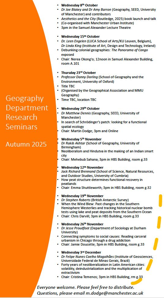 Schedule of speakers for Autumn 2025 Geography Department seminar series
