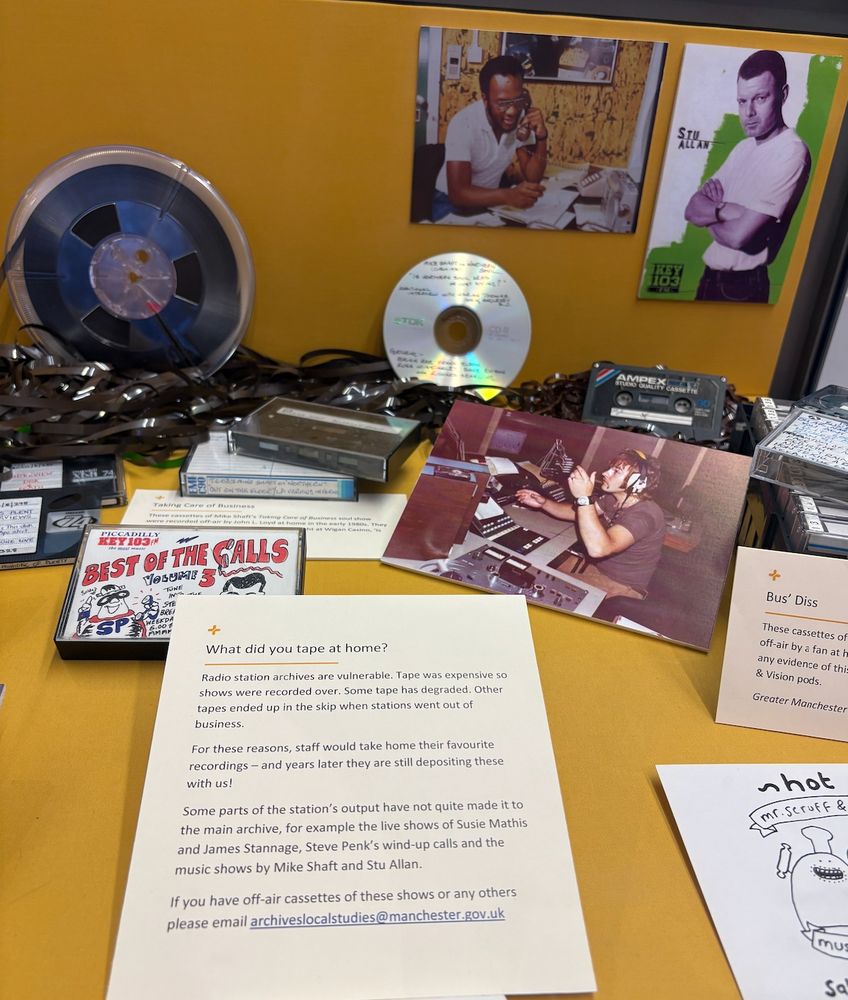 Photo of Piccadilly Radio Archive with CDs, cassette tapes and photos of radio djs plus a letter calling for off - air cassettes.