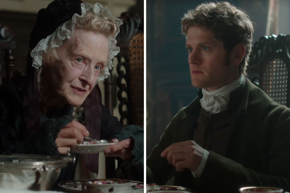 Caroline Blakiston (aka OG Mon Mothma) as Aunt Agatha at dinner with Kyle Soller (aka Syril Karn) as Francis Poldark in POLDARK