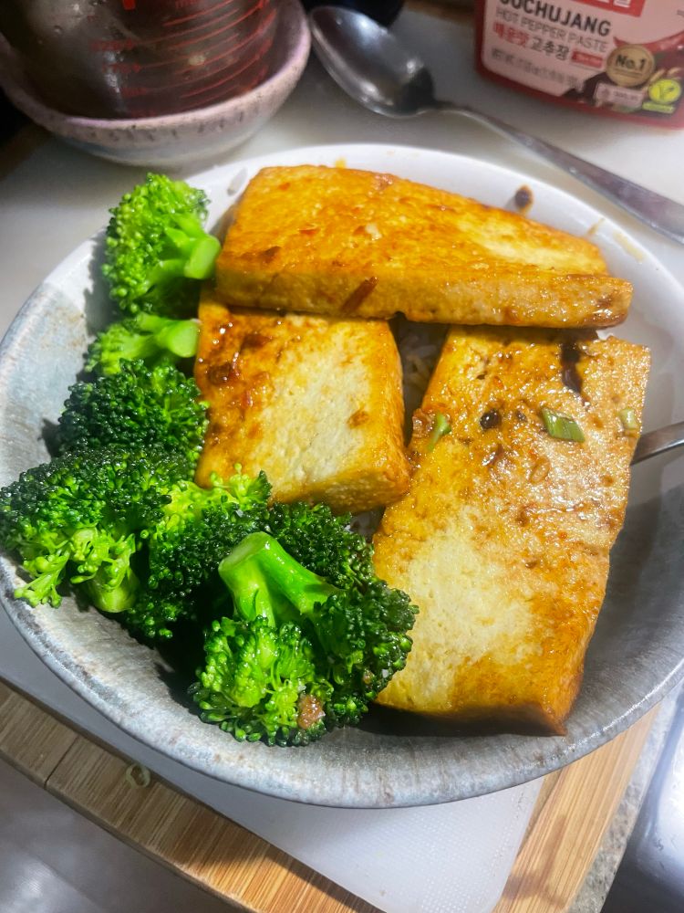 Broccoli and tofu on rice in a bowl
